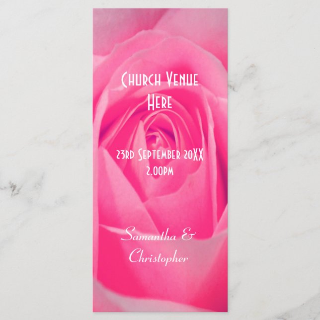 Bright pink rose floral church wedding program programme (Front)