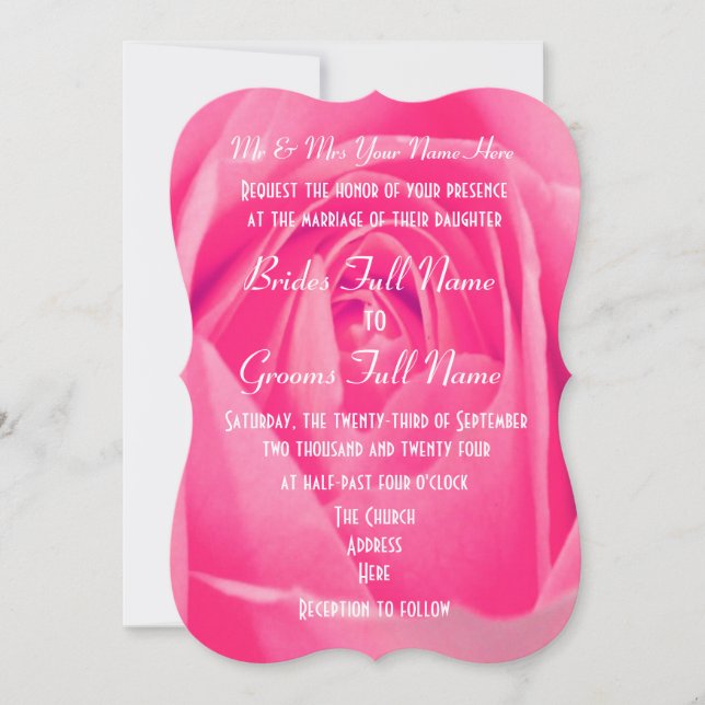 Bright pink rose flower floral wedding invitation (Front)