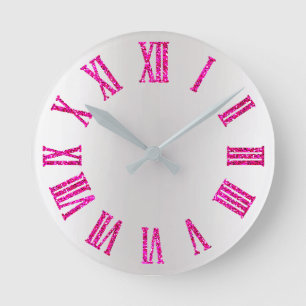 Bright Pink Rose Glitter Gray Silver Minimal Black Round Clock