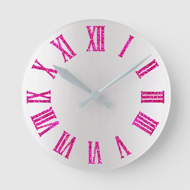 Bright Pink Rose Glitter Grey Silver Minimal Black Round Clock (Front)