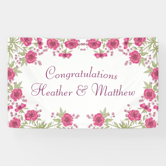 Bright Pink Rose Wedding Banner (Horizontal)