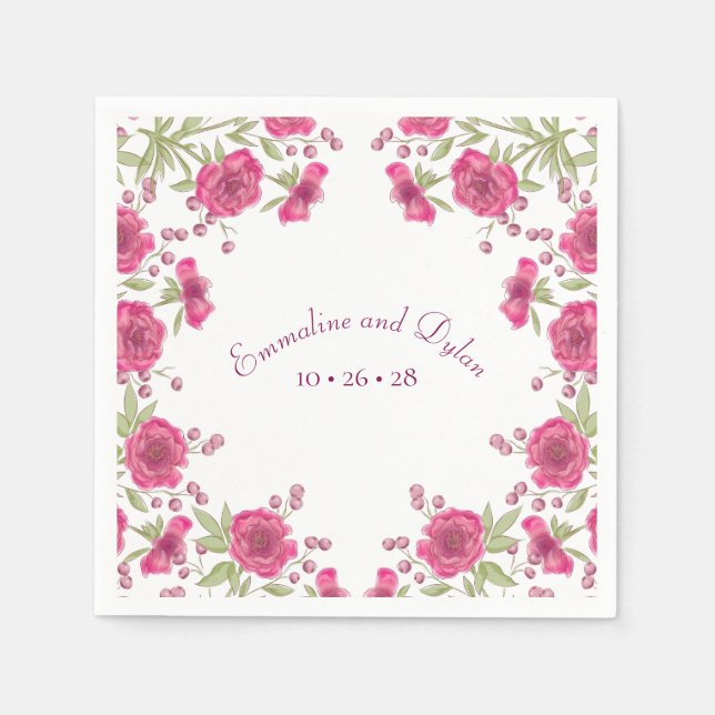 Bright Pink Rose Wedding Napkin (Front)