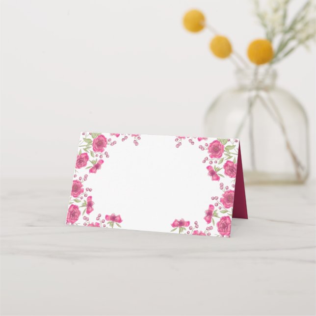 Bright Pink Rose Wedding Place Card (Front)