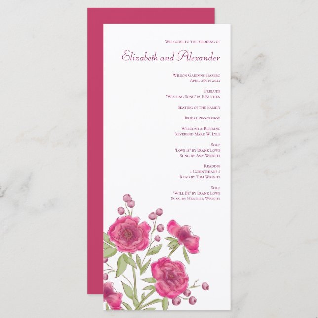 Bright Pink Rose Wedding Programs Menu (Front/Back)