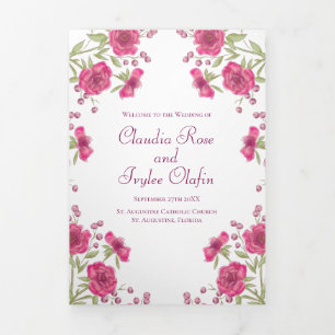 Bright Pink Rose Wedding Programs Tri-Fold Programme