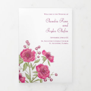 Bright Pink Rose Wedding Programs Tri-Fold Programme