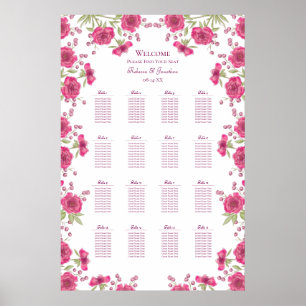 Bright Pink Rose Wedding Seating Chart