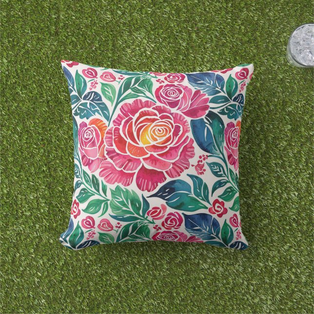Bright Pink Roses and Teal Floral Cushion (Grass)
