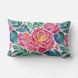 Bright Pink Roses and Teal Floral Lumbar Cushion