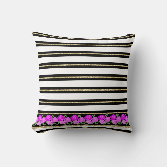 Bright Pink Roses on Black, White, Gold Cushion (Front)
