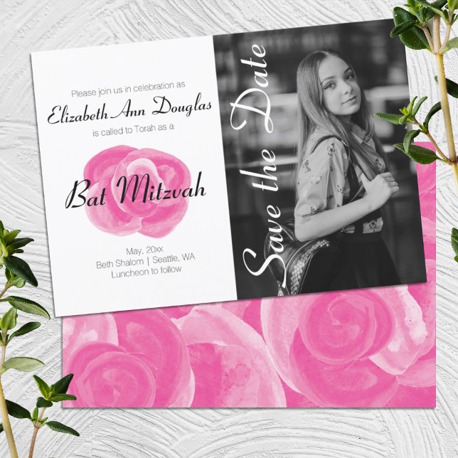 Bright Pink Roses, Simple Bat Mitzvah Invitations (Girlie pink, bold pink rose bat mitzvah invitation with photo, simple pink black white photo design)