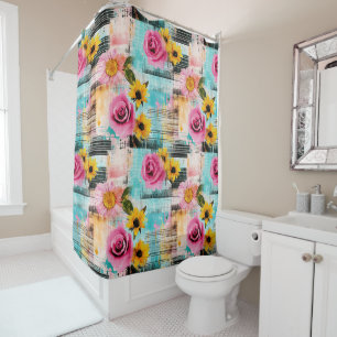 Bright Pink Roses & Sunflowers on Abstract Shower Curtain