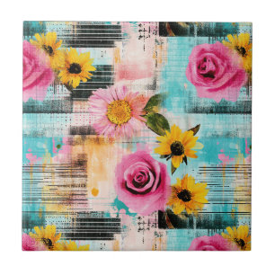 Bright Pink Roses & Sunflowers on Abstract Tile