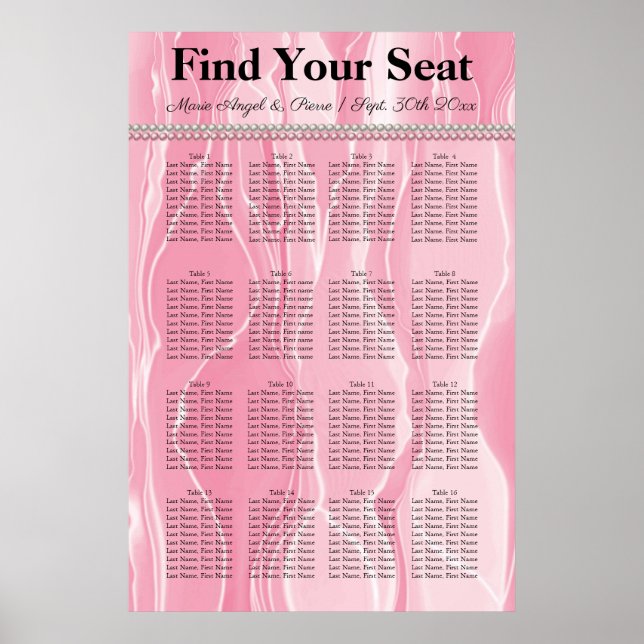 Bright Pink Silk with White Pearls Seating Chart (Front)