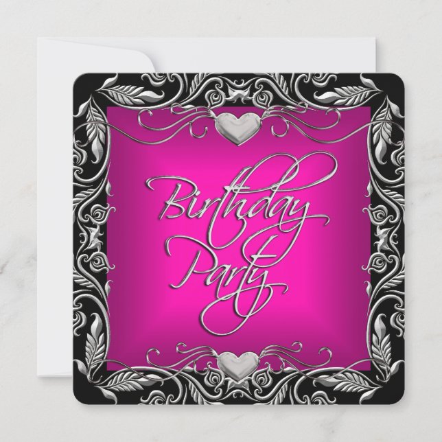 Bright Pink Silver Black Birthday Party Invitation (Front)