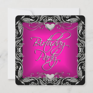 Bright Pink Silver Black Birthday Party Invitation