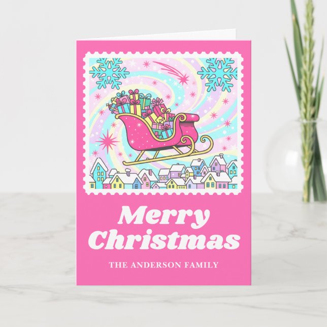 Bright Pink Sleigh Christmas Postage Stamp Holiday Card (Front)