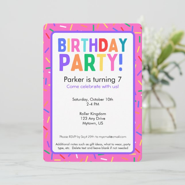 Bright Pink Sprinkles Birthday Party Invitation (Standing Front)
