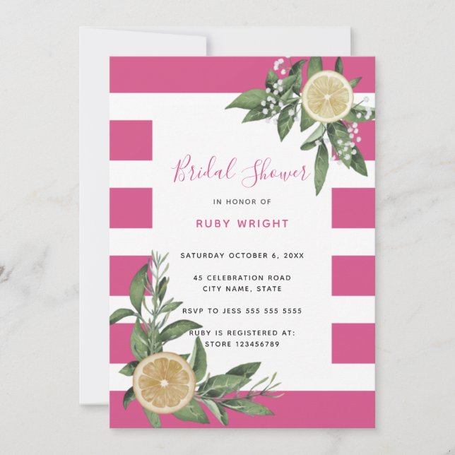 Bright Pink Stripe Lemon Citrus Bridal Shower Invitation (Front)