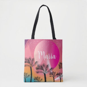 Bright Pink Summer Tropical Sunset Palm Tree Art Tote Bag