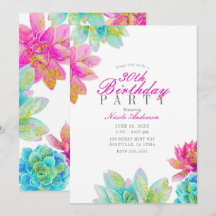 Bright Pink Teal Garden Succulents Birthday Party  Invitation