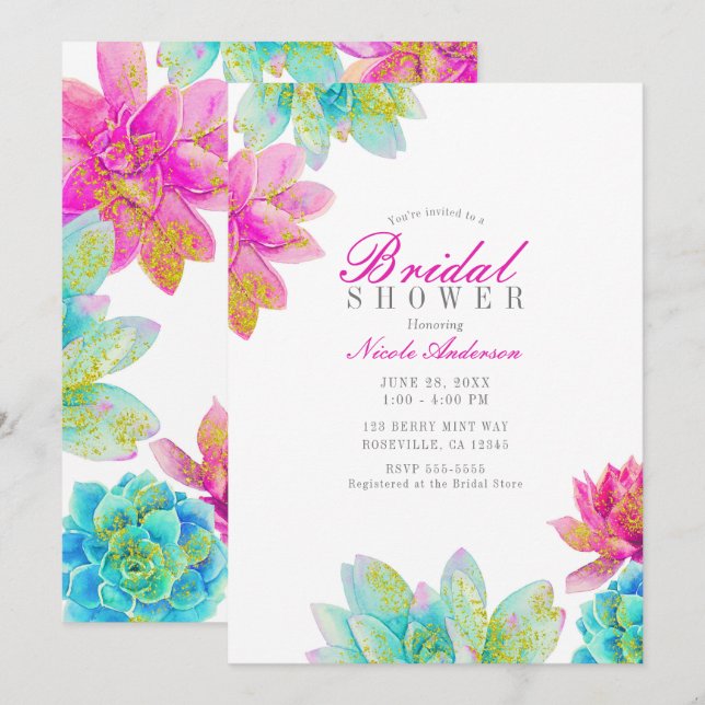 Bright Pink Teal Garden Succulents Bridal Shower I Invitation (Front/Back)