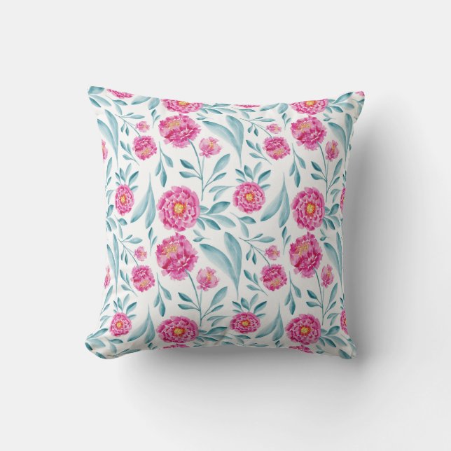 Bright Pink Teal Watercolor Summer Floral Pattern Cushion (Front)