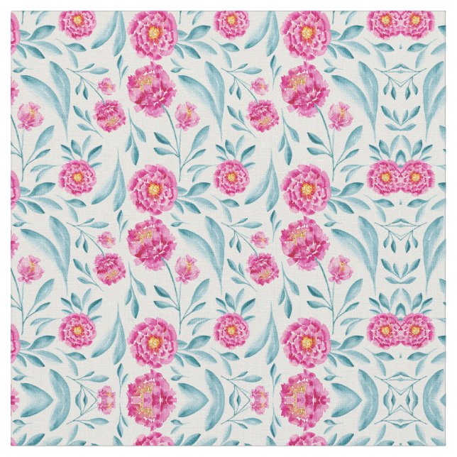Bright Pink Teal Watercolor Summer Floral Pattern Fabric (Close Up)