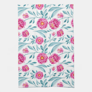 Bright Pink Teal Watercolor Summer Floral Pattern Tea Towel