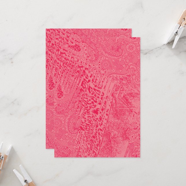 Bright pink textile design featuring a central blu invitation (Front/Back In Situ)