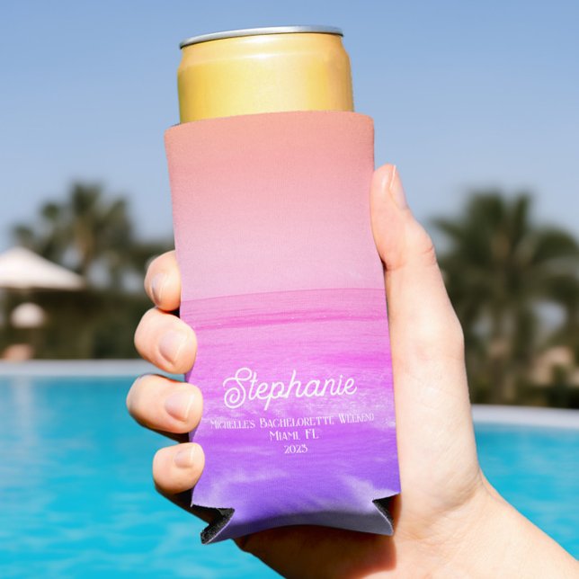 Bright Pink Tropical Beach Bachelorette Trendy Seltzer Can Cooler (Bachelorette Seltzer Can Coolers, Personalized Bachelorette Favors with Name, Peach Pink Purple)