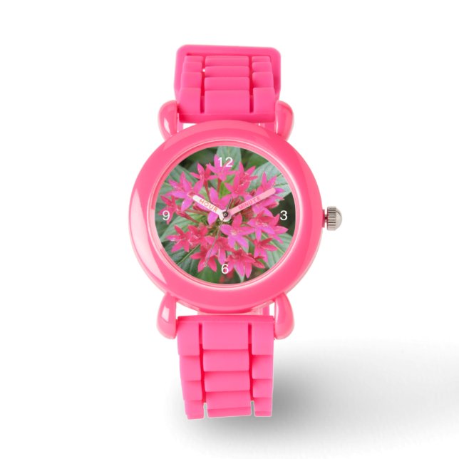 Bright Pink Tropical Flowers Watch with Numbers (Front)