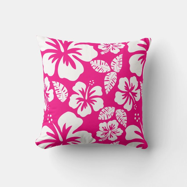 Bright Pink Tropical Hibiscus Flowers Cushion (Front)