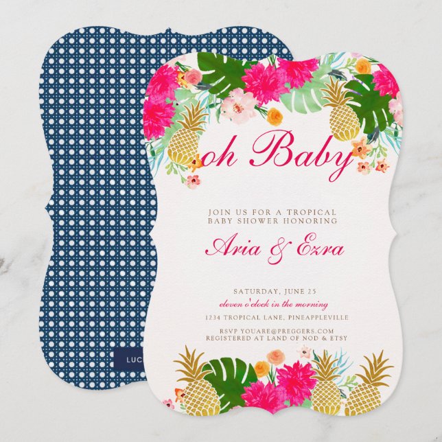 Bright Pink Tropical Pineapple Baby Shower Invite (Front/Back)