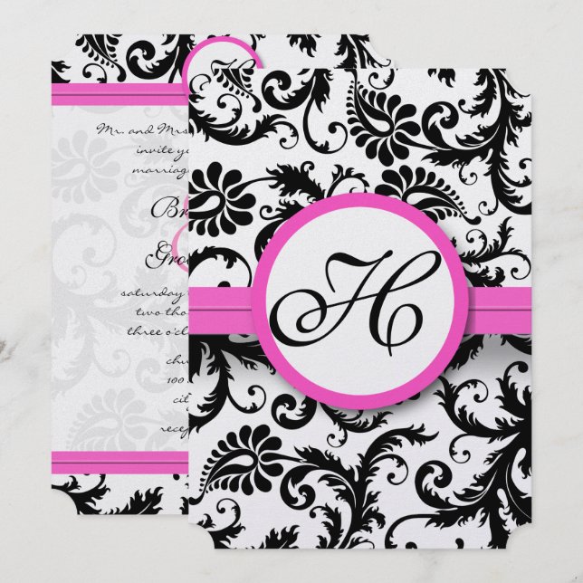 Bright Pink Vintage Damask Swirl Wedding Invitates Invitation (Front/Back)