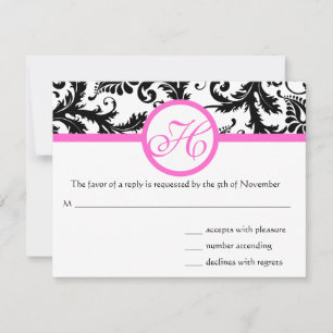 Bright Pink Vintage Damask Swirl Wedding RSVP Card