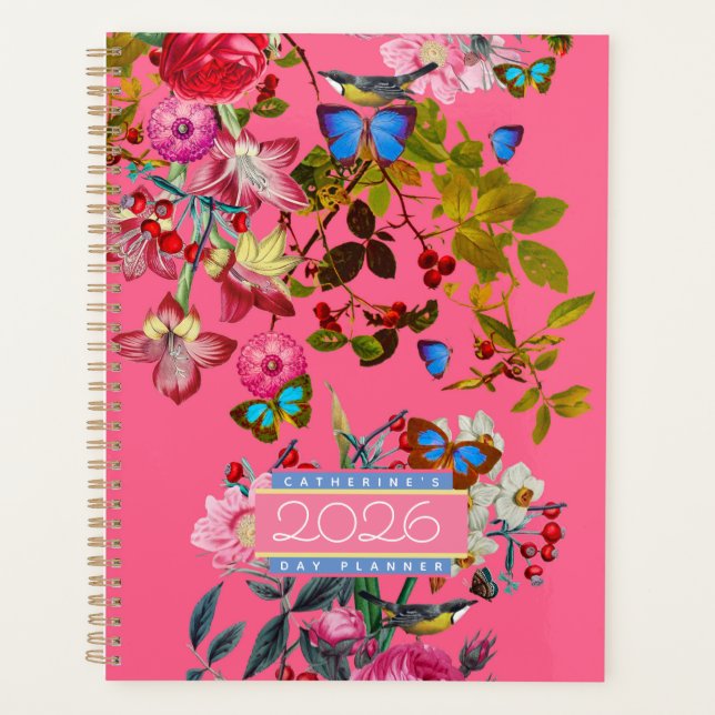 Bright Pink Vintage Rose Garden 2026 Day Planner (Front)