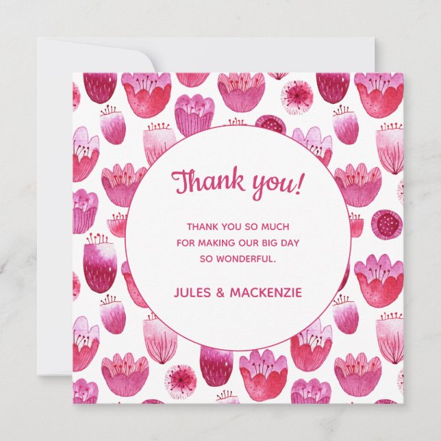 Bright Pink Watercolor Blossom Wedding Thank You Card (Front)