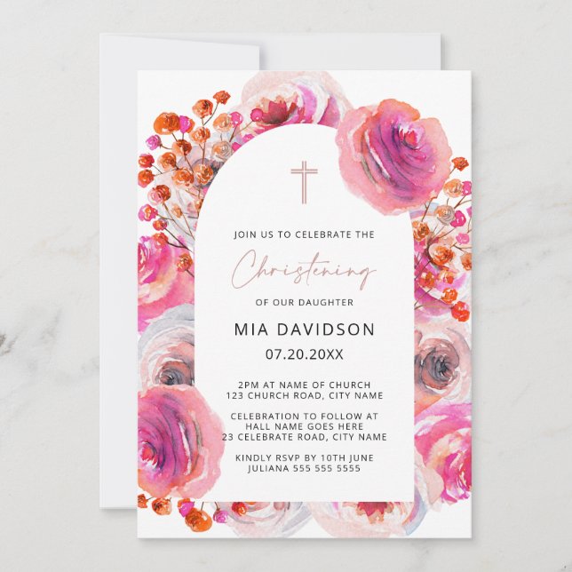 Bright Pink Watercolor Floral Arch Christening Invitation (Front)
