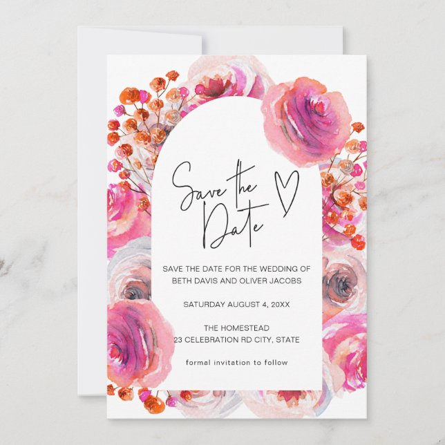 Bright Pink Watercolor Floral Arch Save the Date (Front)