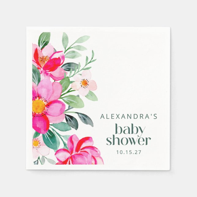 Bright Pink Watercolor Floral Baby Shower Custom Napkin (Front)