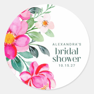 Bright Pink Watercolor Floral Bridal Shower Custom Classic Round Sticker
