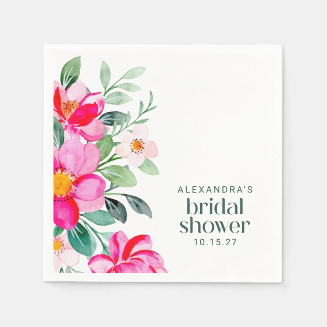 Bright Pink Watercolor Floral Bridal Shower Custom Napkin (Front)