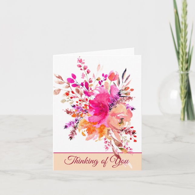 Bright pink watercolor floral customisable note card (Front)