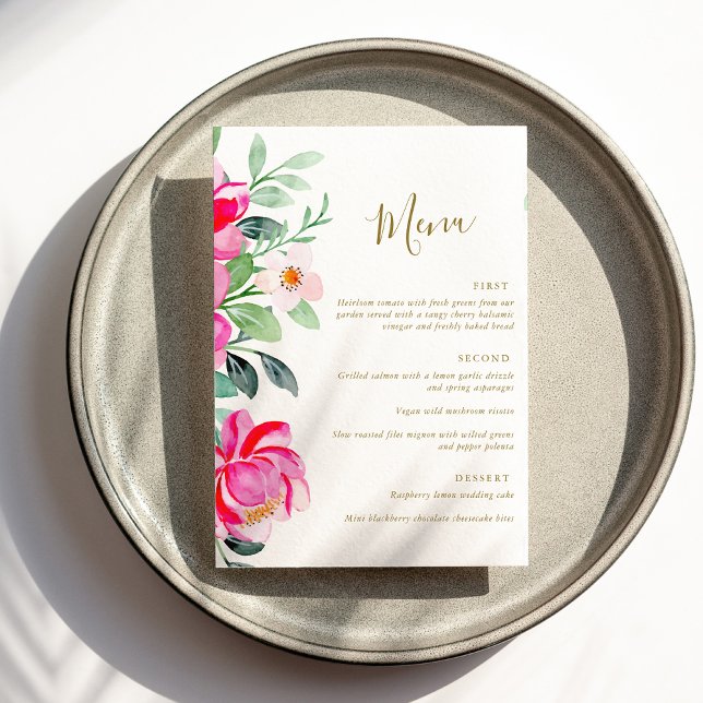 Bright Pink Watercolor Floral Editable Wedding  Menu (Creator Uploaded)