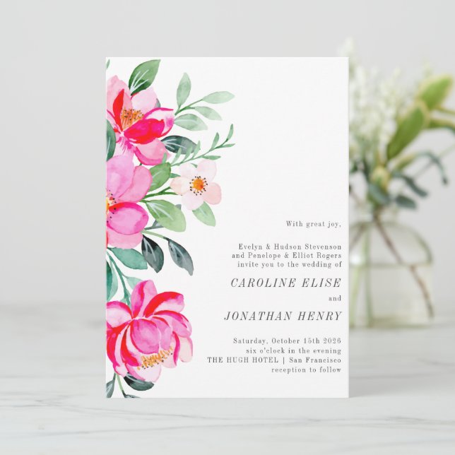 Bright Pink Watercolor Floral Formal Wedding  Invitation (Standing Front)