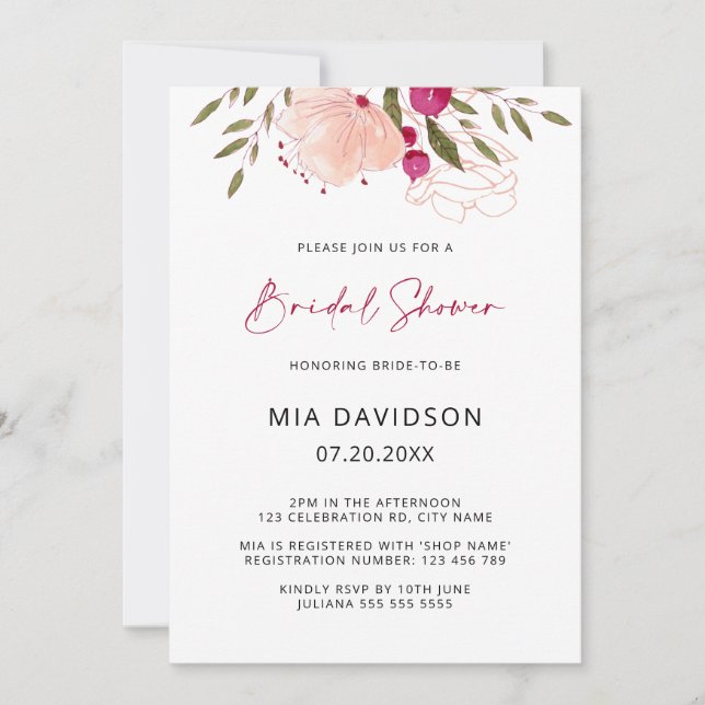 Bright Pink Watercolor Floral Garden Bridal Shower Invitation (Front)