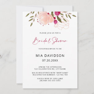 Bright Pink Watercolor Floral Garden Bridal Shower Invitation