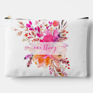 Bright pink watercolor floral personalised accessory pouch