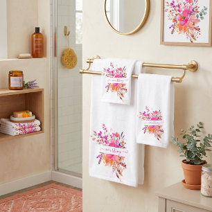 Bright pink watercolor floral personalised   bath towel set
